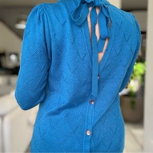 Vintage Blue Knit MIDI Body con Dress w Button Back